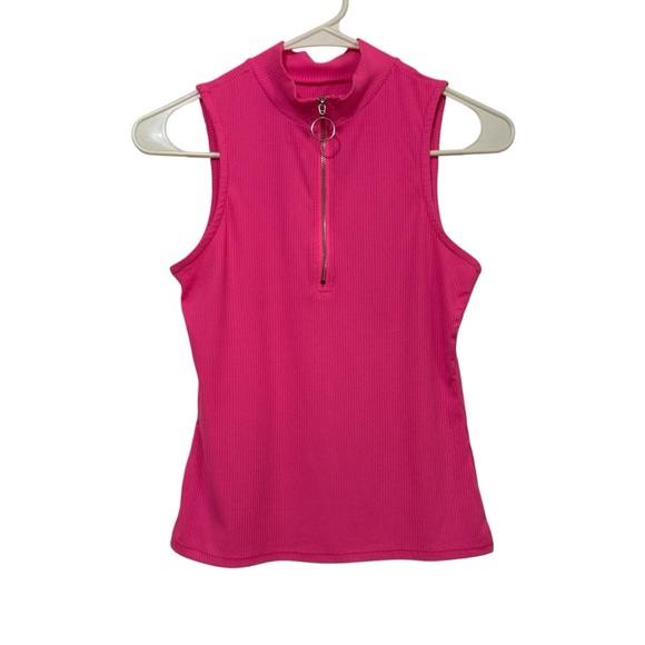 No Boundaries Tops - No Boundaries Hot Pink Ribbed Sleeveless Quarter-Zip Mock Neck Tank Top